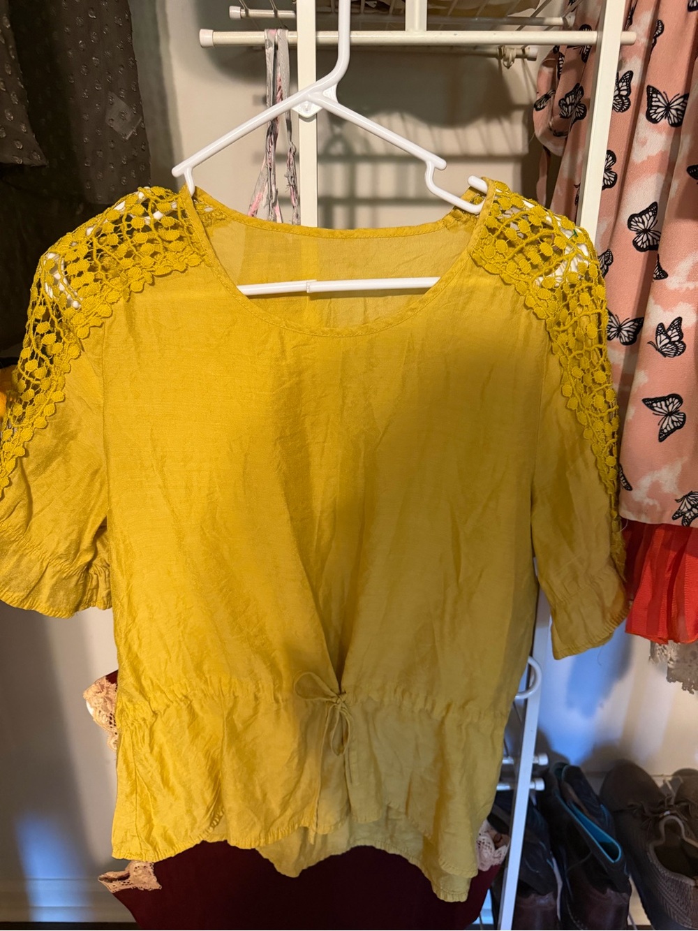Yellow Crochet-Shoulder Tie-Front Women's Blouse